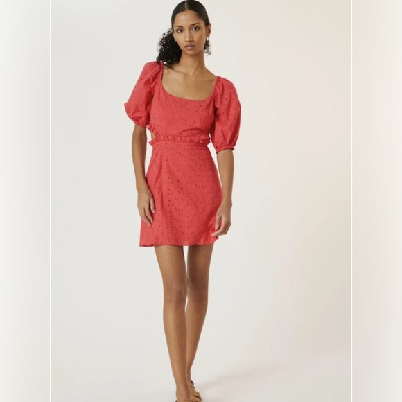 Hutch Anthropologie Red Embroidered Eyelet puff sleeve Cutout dress size 6 - Picture 1 of 13